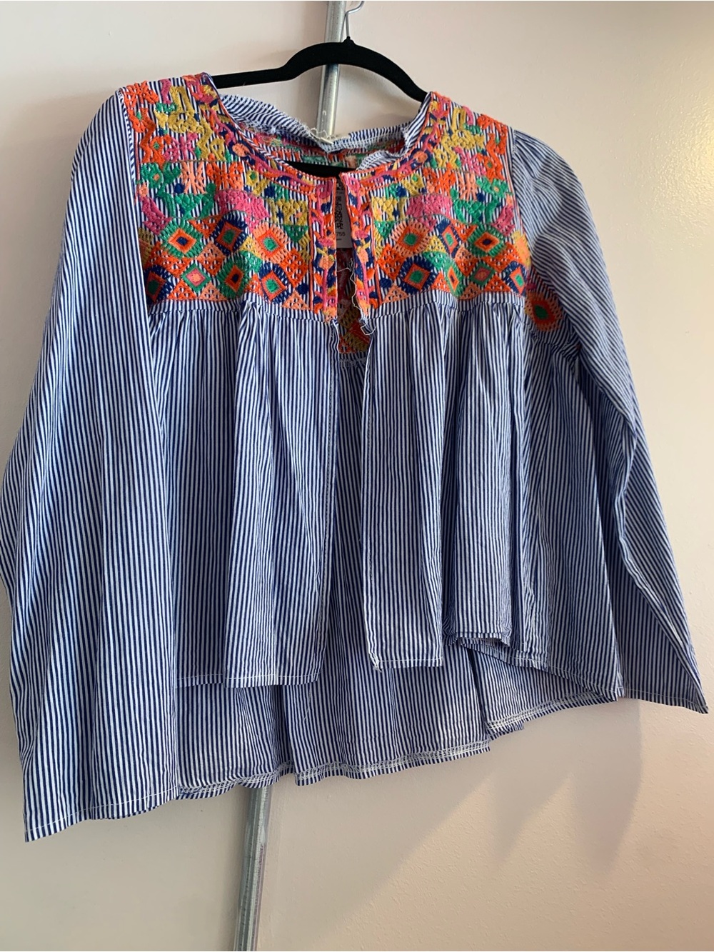 235 Velzera Blue Striped Blouse with Multicolor Embroidered Yoke